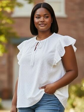 Lane Bryant White Eyelet Flutter Sleeve Blouse